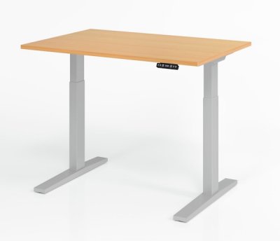 Schreibtisch 120 x 80 cm elektrisch höhenverstellbar Gestell Silber Tischplatte Buche